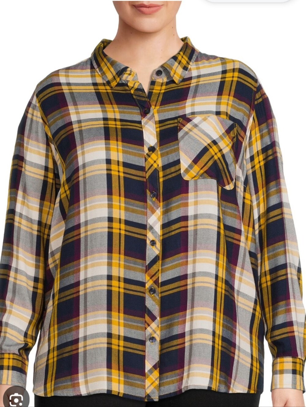 Plus Size Terra & Sky Mustard, Burgundy and Black Plaid Button-Up Shirt